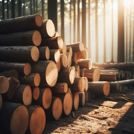 Pile of pine tree trunks in the forest. Industrial backgroundの素材