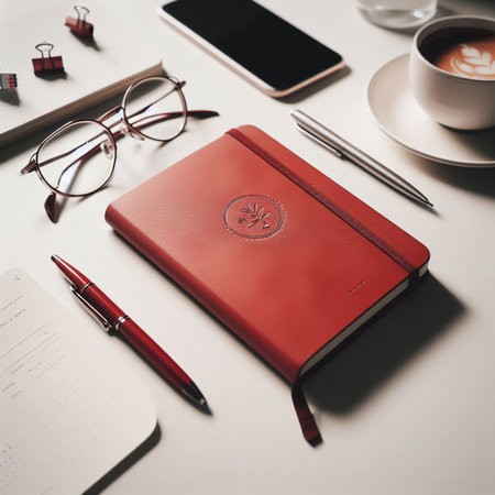 Red leather notebook, glasses, smartphone and cup of coffee on white tableの素材