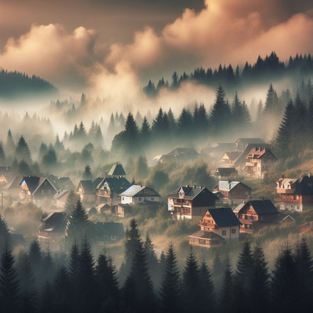 Foggy morning in the Carpathian mountains. Landscape with wooden housesの素材
