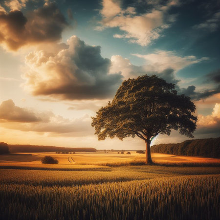 Lonely tree in the field at sunset. Nature composition.の素材
