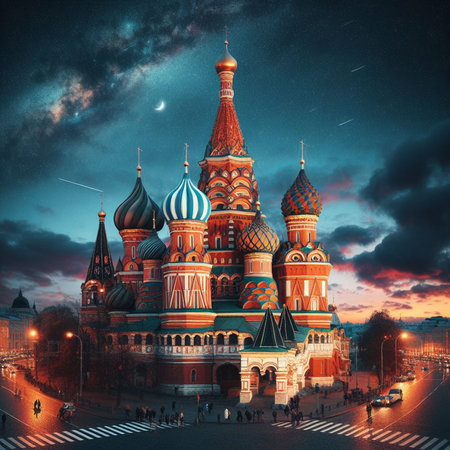Saint Basil's Cathedral on Red Square in Moscow at night, Russiaの素材