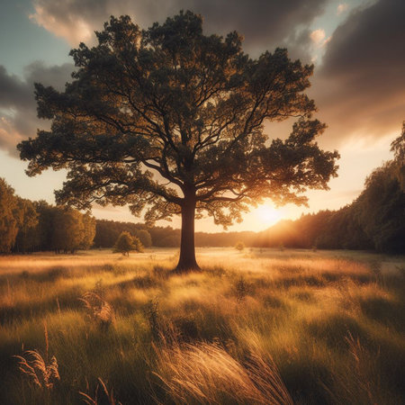 Beautiful landscape with big old tree in the meadow at sunsetの素材