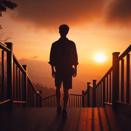 Silhouette of man walking on the balcony at sunrise or sunset.の素材