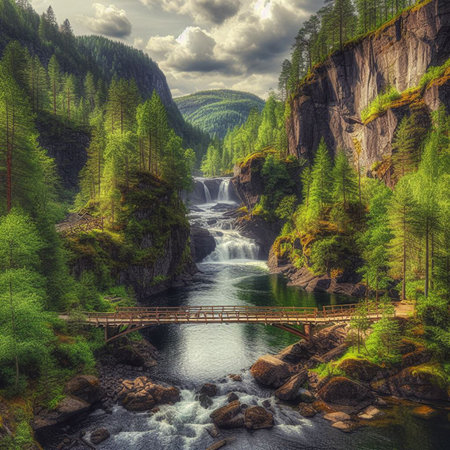 Waterfall in the forest. Mountain landscape with a wooden bridge.の素材