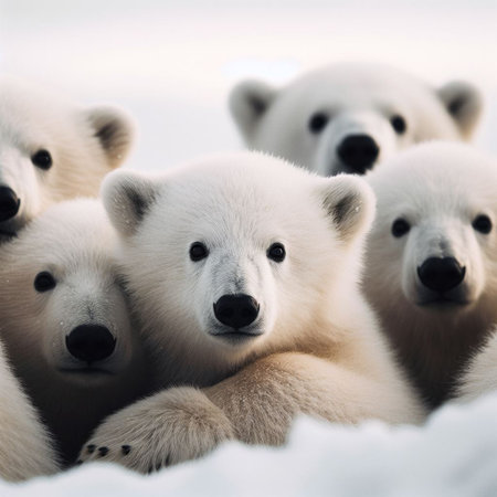 Polar bear (Ursus maritimus) mother and cub on the pack ice, north of Svalbard Arctic Norwayの素材