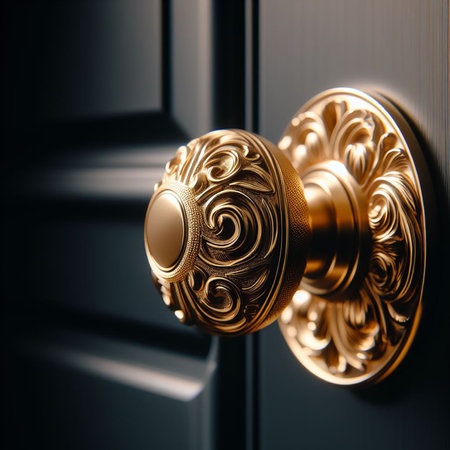 golden door knob on a black door. 3D illustration.の素材