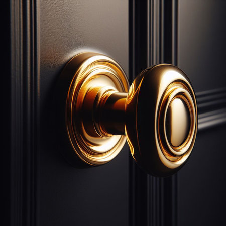 Golden door knob on a black door. 3d render illustration.の素材