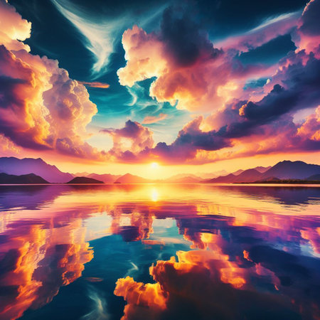 Fantastic sunset over the lake. Dramatic scene. Artistic style. Beauty world.の素材