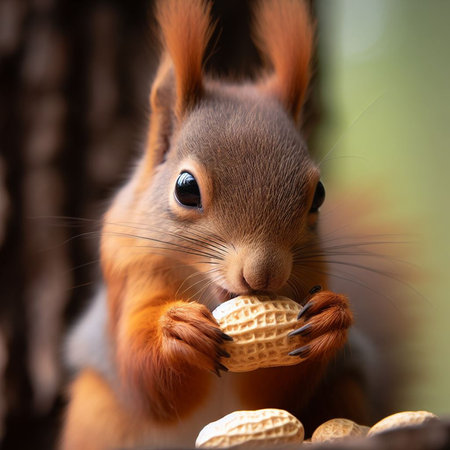 Squirrel in the park with nuts in the shell of a treeの素材