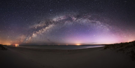 Milky Way over the sea and sand dunes. Long exposure.
