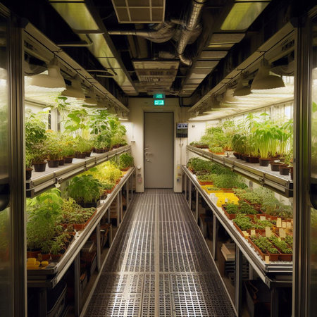 Interior of a greenhouse with plants in pots and automatic control panelの素材