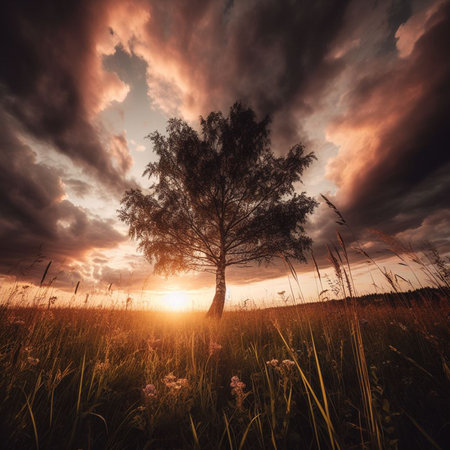 Beautiful landscape with a lonely birch tree in the field at sunsetの素材