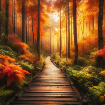 Wooden boardwalk in the autumn forest. 3D render.の素材