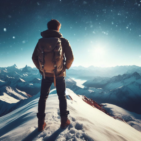 Hiker in winter mountains looking at beautiful landscape. Hiking conceptの素材