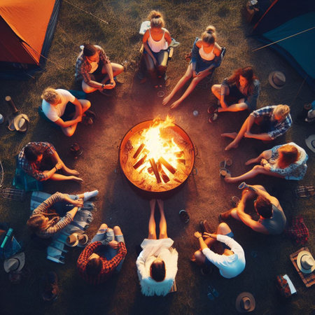 Group of friends sitting around a bonfire in a camping tent.の素材