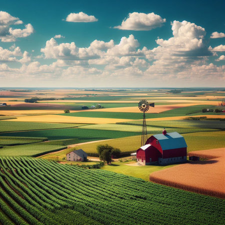 American Countryside Landscape with Red Barn and Wind Turbineの素材