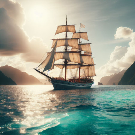Sailing ship in the sea at sunset. 3d render.の素材