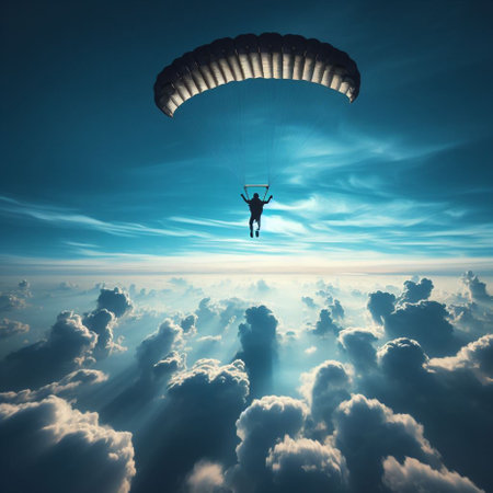 Parachutist in the sky with clouds. 3d renderの素材