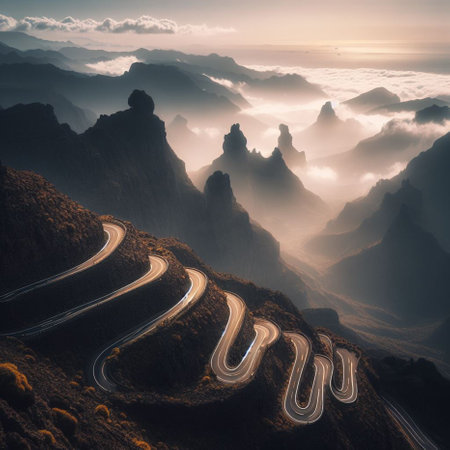 Road in the mountains at sunrise. Tenerife, Canary Islands, Spainの素材