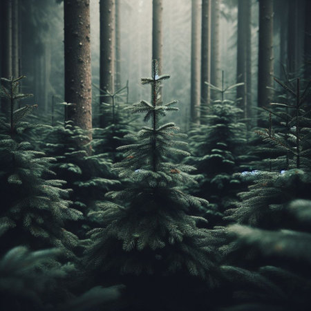 Fir tree in a mysterious dark forest. Retro style toned imageの素材