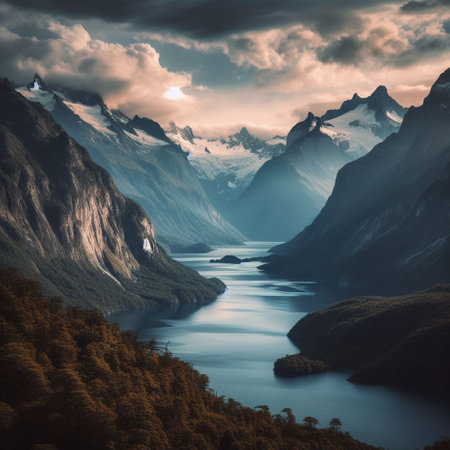 Swiss alps mountain landscape with lake and man in front of itの素材