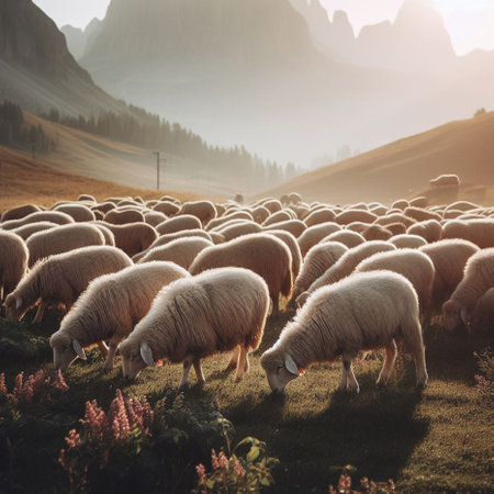 Flock of sheep on the meadow in the Dolomitesの素材