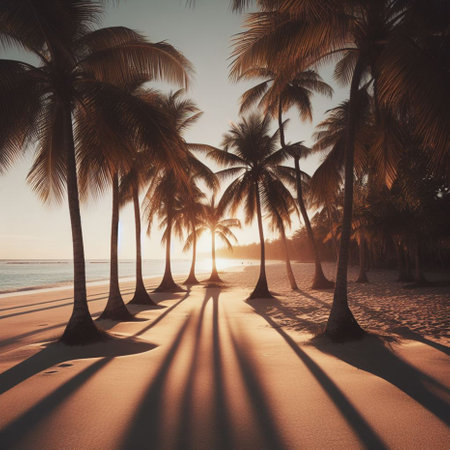 Palm trees on a tropical beach at sunset. Toned.の素材
