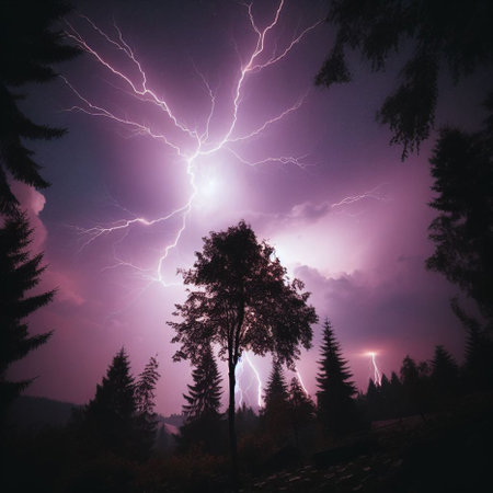 Lightning strike in the night sky over the forest. Beautiful nature scene.の素材