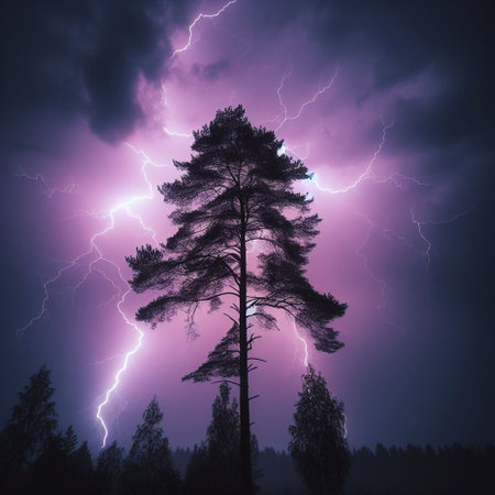 Conceptual image of lightning striking a pine tree in the forestの素材