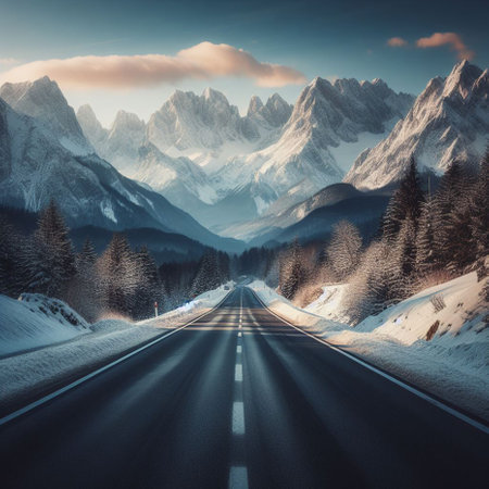 Mountain road in the winter forest. Dramatic and picturesque scene.の素材