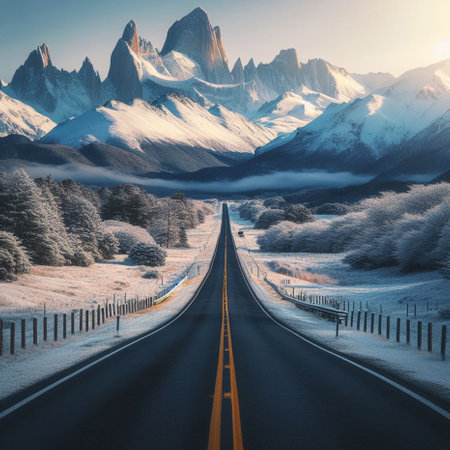Road in the mountains with snow and blue sky. 3d renderingの素材