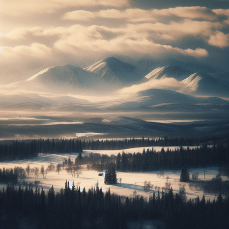 Foggy winter landscape with frozen lake and snow covered mountains.の素材