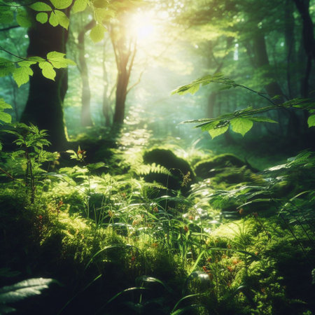 Sunlight in the forest. Beautiful nature background. Soft focus.の素材