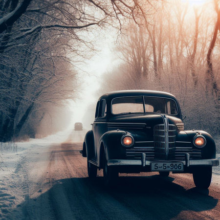 Vintage car on the road in the winter forest. Photo in old color image styleの素材