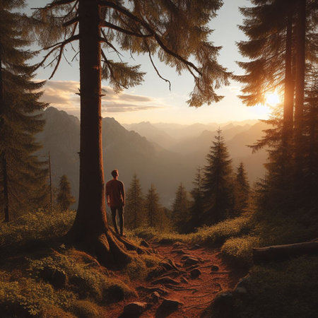 Man standing on a tree trunk and looking at the sunset in the mountainsの素材