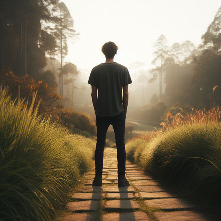 Back view of young man standing on the path in the morning mist.の素材