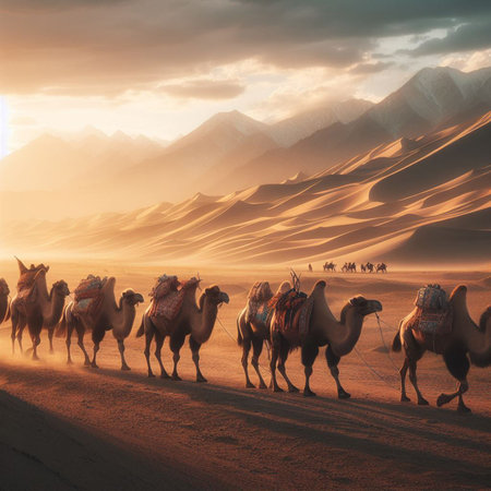 Camels in the Sahara desert, Morocco, Africa. 3D renderingの素材