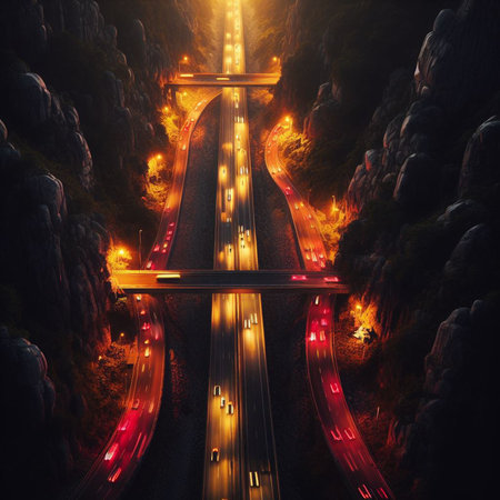 Highway in the mountains at night, 3d rendering. Computer digital drawing.の素材