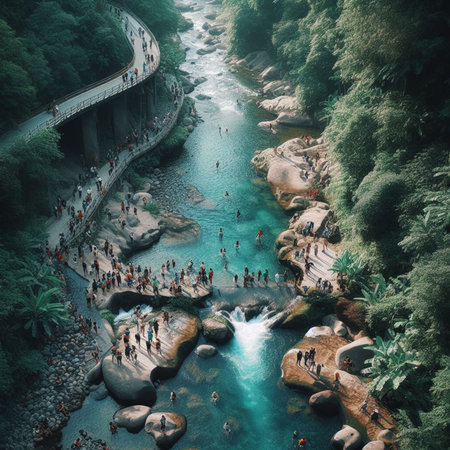 Tourists enjoying the beauty of the waterfall in the jungle. Vietnamの素材