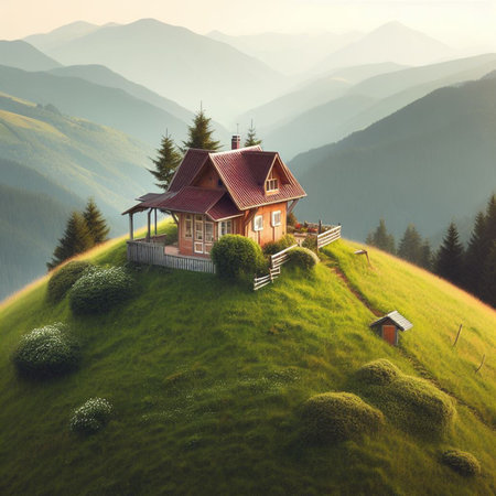 Wooden house on a green hill in the mountains. 3d renderの素材
