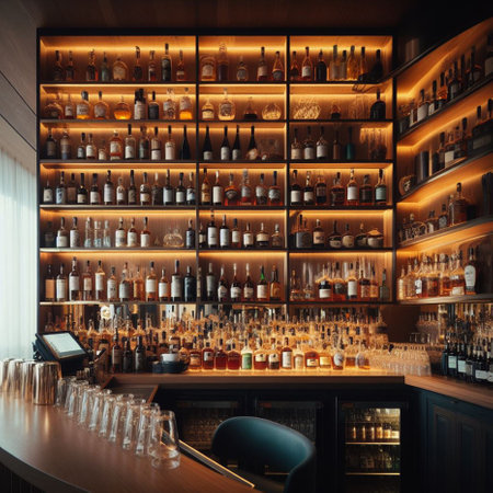 Interior of a bar with bottles of alcoholic drinks. Toned.の素材