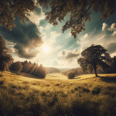 Autumn landscape with trees, meadow and sun rays. Vintage style.の素材