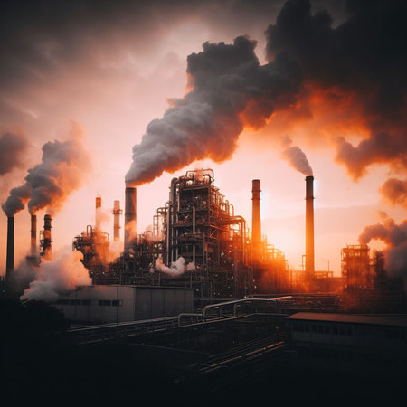 Industrial landscape with chimneys of a power plant at sunset.の素材