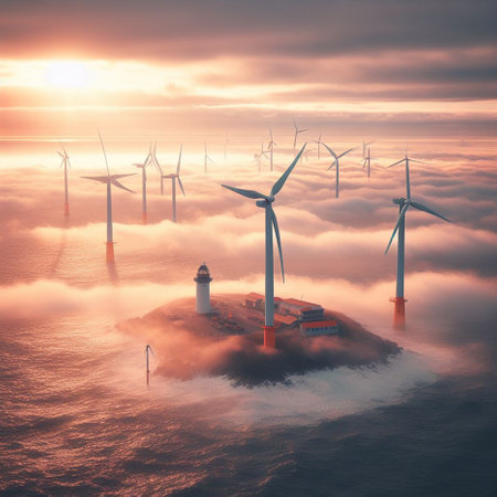 Wind turbines in a foggy sea at sunset. 3D renderingの素材
