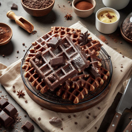 Tasty Belgian waffles with chocolate and spices on grey table, closeupの素材