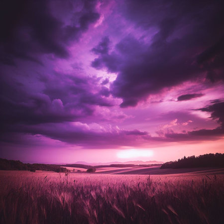 Beautiful sunset over wheat field. Dramatic sky. Nature composition.の素材
