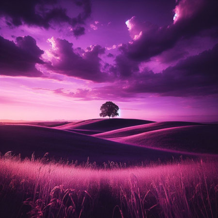 Lonely tree in lavender field at sunset. Tuscany, Italyの素材