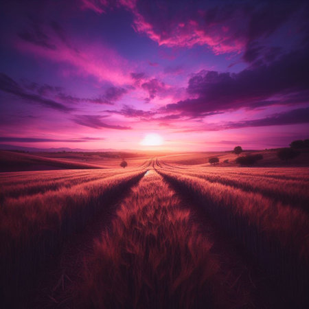 Beautiful sunset over the wheat field. 3d rendering toned imageの素材