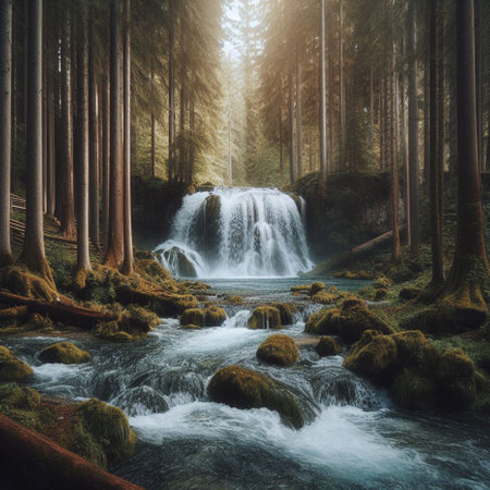 Beautiful waterfall in the forest, long exposure photo. Toned.の素材