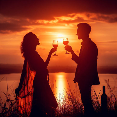 Silhouette of romantic couple drinking red wine at sunset background.の素材